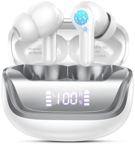 Wireless Earbuds, Bluetooth 5.4 Headphones with 4 ENC Noise Cancelling Microphone, Ear buds with HiFi Stereo Deep Bass, Bluetooth Earphones 40H Playtime LED Display, IP7 Waterproof, Pure white