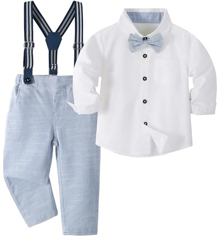 Volunboy Baby pojkar kostym set kläder skjorta med fluga hängslen byxor sparkbyxor kostym, Ljusblå, 4-5 år