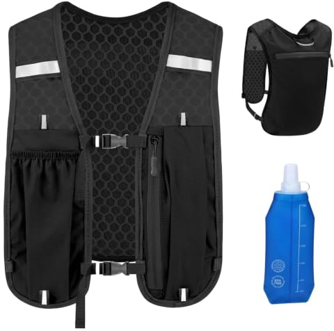 SANTUO Running Hydration Vest Pack with 500ml Soft Water Bottles | Lightweight & Breathable Nylon, Adjustable FIt, 3 Pockets Backpack, Reflective Strips, for Outdoor Sports Cycling Hiking