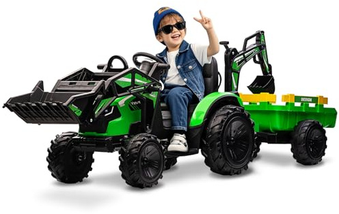 3 in 1 Ride on Tractor, 24V Ride on Toy for Big Kids, Excavator Bulldozer - Battery-Powered Electric Vehicle w/Trailer, Digger, Remote Control, LED Lights, Music, USB, Battery Powered, Green