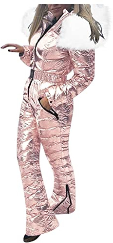 Generisch Traje de esquí de una pieza para adultos, mono de esquí para mujer, con cremallera, traje de esquí con cinturón, mono con capucha de piel sintética, mono de invierno para exteriores, ropa