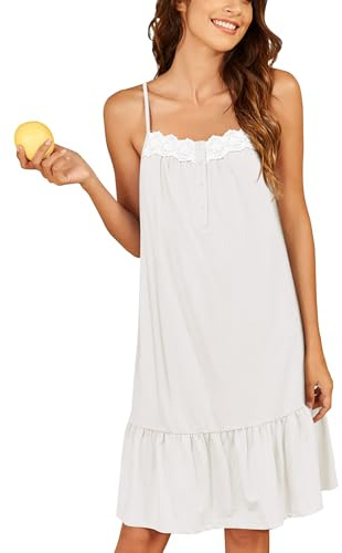 Ekouaer Cotton Nightgowns for Women Sleeveless Night Gown Lace Sleep Dress Button Night Shirt Victorian Nightdress White Medium