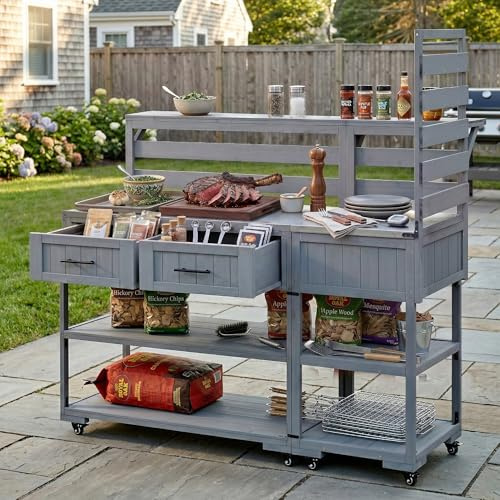 JIVOIT 62.3'' Outdoor Patio Kitchen Island with Stainless Table Top, Solid Fir Wood Kitchen Cart with Raised Shelf and Drawers, Used for Garden Potting Bench/Grill Table/Prep Table/BBQ (Gray/7)