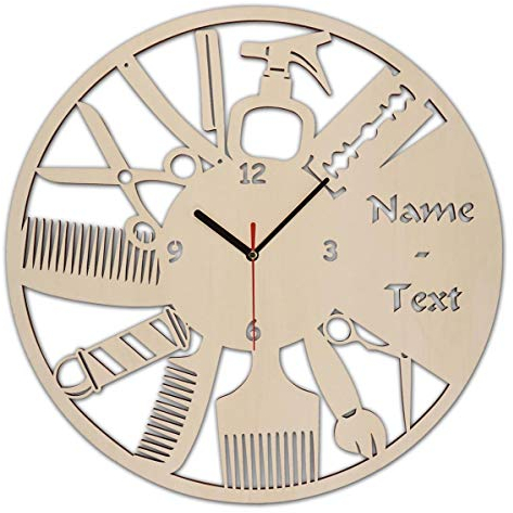 Namofactur Wand Uhr Friseursalon Geschenke Geschenkartikel Eröffnung Geburtstag Friseurin Friseur mit Gravur aus Holz personalisiert