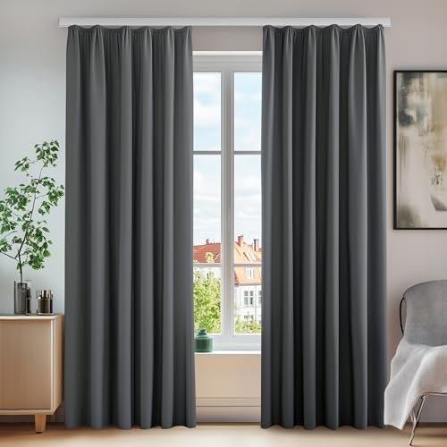 Deconovo Thermovorhang Blickdicht Gardinen Abdunklungsvorhang Lärmschutzvorhang mit Kräuselband, 290x140 cm(HöhexBreite), Dunkelgrau, 2er Set