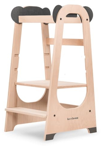 Beeloom - Torre de Aprendizaje Montessori de Madera, Panda Tower, Taburete de Actividades para niños Gris, con escalones de 3 Niveles de Altura Regulable
