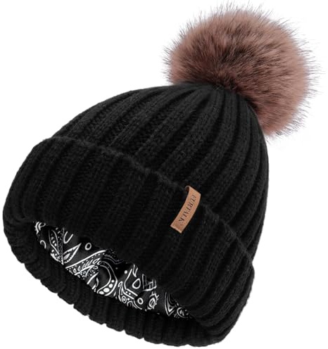 FURTALK Womens Beanie Satin Lined Knitted Beanie with Pom Winter Hat for Women Black
