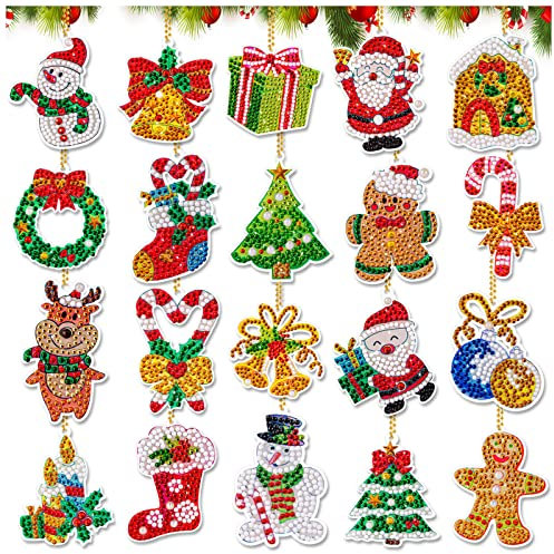 FFNIU Christmas Diamond Painting Ornaments, 20 Pcs 5D Keychains, Xmas Santa Claus Snowman Drill Pendant for DIY Key Ring Phone Charm Decor