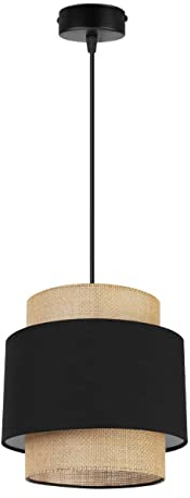 Light-Home Boho Hängelampe - Deckenlampe für Wohnzimmer Schlafzimmer und Esszimmer - Pendelleuchte aus Metall mit Lampenschirm aus Stoff - E27-1-Flammig - Schwarz und Jute