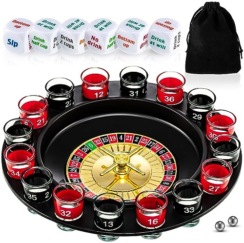 Hiboom Shot Glass Roulette Game and Drinking Dice Set - 16pcs Glasses and 2 Balls for Adults, Family Gathering, Bar, Party Supplies
