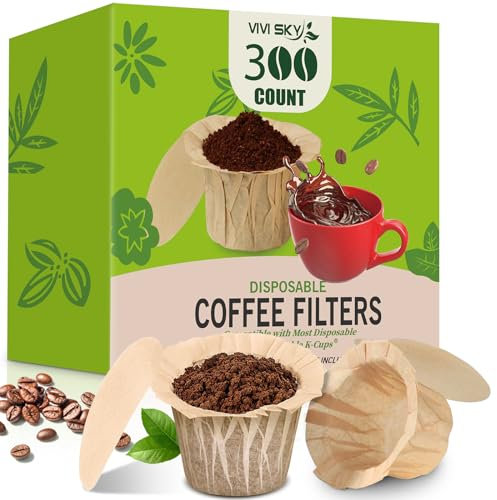 VIVI SKY Disposable K Cup Coffee Filters with Lid: 300 Natural Paper Liners
