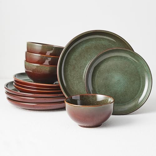 Pokini Stoneware Dinnerware Sets Service for 4, 12 pcs Reactive Glaze Plates and Bowls Sets, Handmade Ceramic Dish Set, Highly Chip and Crack Resistant Modern Plate Set, Brown Green