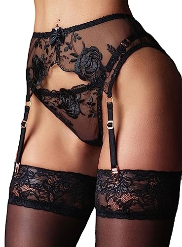 NewBull Lace Garter Belt Thong Set for Women Suspender Lingerie with 4 Metal Clips Holder Belts for Stockings+G-string