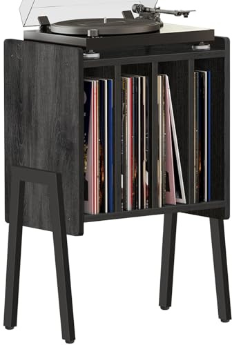 TUTOTAK End Table with Vinyl Holder Display Shelf, Record Player Stand, Record Storage Table, Side Table, Turntable Stand, Nightstand, Charcoal Grey TB01BY045