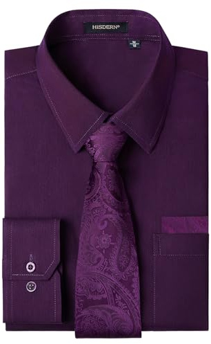 HISDERN Chemise Homme Violet Manches Longues Élégante Chemises Habillée avec Cravate Formelle Mariage Party Regular Fit 4XL