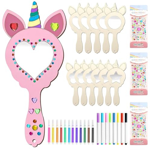 Ainiv 12 Stück Einhorn Bastelset, Holzspiegel zum Bemalen für DIY Malen, Mini Holz Prinzessin Spiege, Holz Basteln Creative Painted Mirrors, Bastelset Mitgebsel Geschenk Party