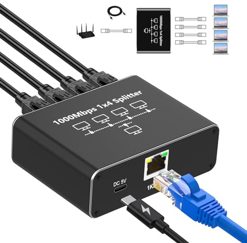 Oliveria Divisor LAN de 1 a 4 1000 Mbps Ethernet, Conmutador de 4 Puertos, Cable de Alimentación Tipo C, Gigabit Para Ordenadores, Hub, Router, Set-Top Box, Digital TV