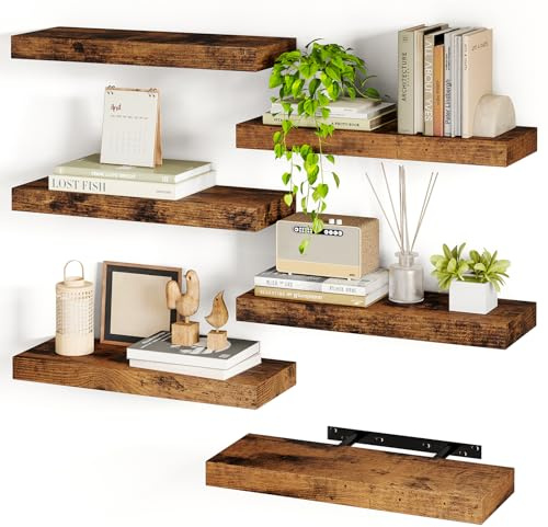 Fixwal 15.8in Floating Shelves, Set of 6 Wood Shelves, Farmhouse Shelf Wall Decor for Bathroom, Bedroom, Living and Kitchen Room (Rustic Brown)