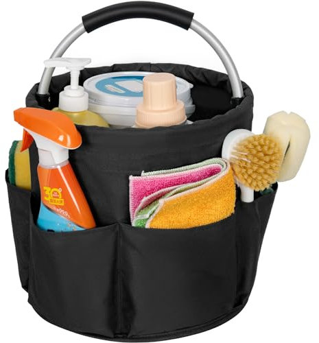 IPEB Cleaning Caddy Organizer with Handle Foldable Cleaning Bucket Organizer Cleaning Caddy Bag Cleaning Tool Bucket Multi-pocket Tool Bag for Cleaners & Housekeepers,Black