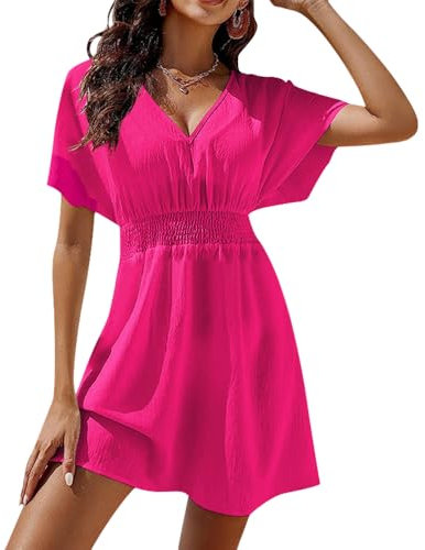 Satohom Damen Kleider Freizeit Einfarbig Sommerkleid V-Ausschnitt Rüschen Knielanges Kleid Lose Kurzarm Strandkleid Tunika A-Linie Gestuftes Kleider Seitenschlitze, Schwarz, Weiß, S-L