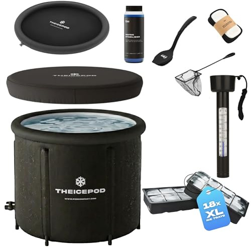 The Pod Company – The Original Ice Pod 84-Gallon Ice Bath Bundle – Portable Cold Plunge Tub with Insulated Lid, Thermometer, Water Stabilizer, 12 Ice Bricks & Cleaning Kit for Recovery & Wellness