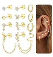 Morfetto Helix Piercing Jewellery 16G Surgical Steel Hypoallergenic Flat Back Earrings Set for Women Gold Silver Stud Hoop Rook Cartilage Conch Daith Tragus Ear Piercing Golden CZ
