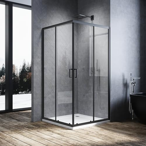 SUNXURY Cabina de ducha esquinera 80 x 100 cm, puerta corredera, cabina de ducha completa con puerta corredera de cristal de seguridad de 5 mm (ESG), altura: 195 cm, marco negro
