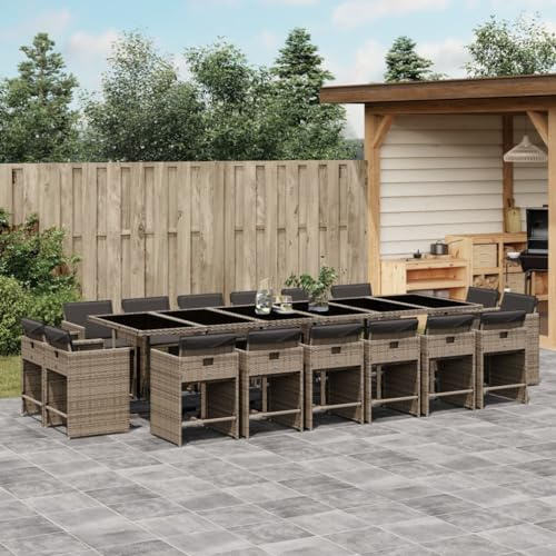Qnhdfrt Gruppo da giardino in rattan sintetico, con 16 sedie pieghevoli, 330 x 106 cm, tavolo in vetro temperato, grigio, resistente alle intemperie, salvaspazio, altezza seduta 43 cm, per balcone