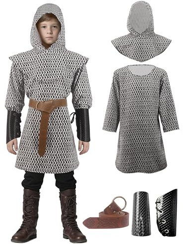 Kids Chainmail Knight Costume Set for Boys Medieval Armor Outfit for Halloween Cosplay LARP Black 7-8 Years
