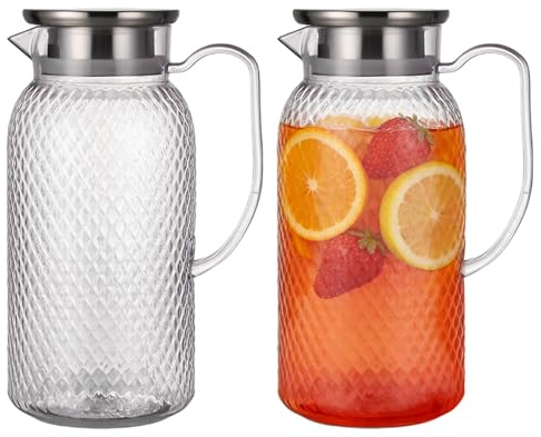 Vattenkaraff med lock, 2 stycken plastvattenkanna 1,8 l, vattenkanna med lock för kylskåp BPA-fri perfekt för juice sangria lemonad mjölk kaffe varma eller kalla drycker transparent kanna