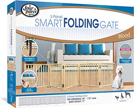 Four Paws Smart Folding Free Standing 5-Panel Wood Dog Gate, 48-110 W by 17 H