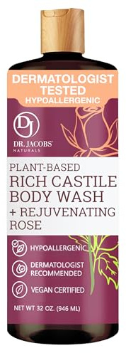 Dr Jacobs Naturals 32 Ounce Pure Castile Liquid Soap - Made With All Natural Essential Oils - Multi-Purpose for Face, Hair, (Rose)