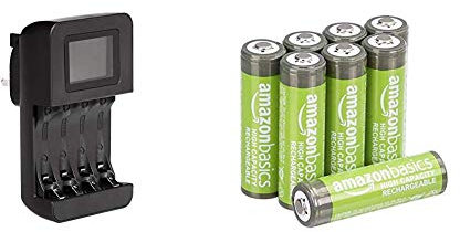 Amazon Basics Intelligent Digital Battery Charger for 4 AA, AAA & High Capacity AA Pre-Charged Rechargeable Batteries 2500 mAh/minimum: 2400 mAh [Pack of 8] - Outer Jacket May Vary