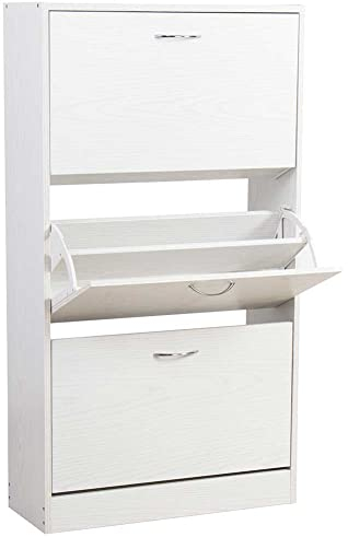 BAKAJI Zapatero zapatero de madera MDF con 3 puertas porta zapatos abatibles, asas de metal de doble profundidad, tamaño compacto Slim 63 x 24 x 115 cm Entrada Casa (Blanco fresno)
