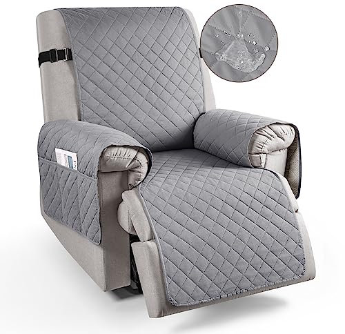 TAOCOCO Recliner Slipcovers,100% Waterproof Recliner Chair Covers,Armchair Covers with Pockets,Non Slip Sofa Slipcover,Chair Cover for Pets/Kids with Elastic Strap(Grey,1-seater Recliner)