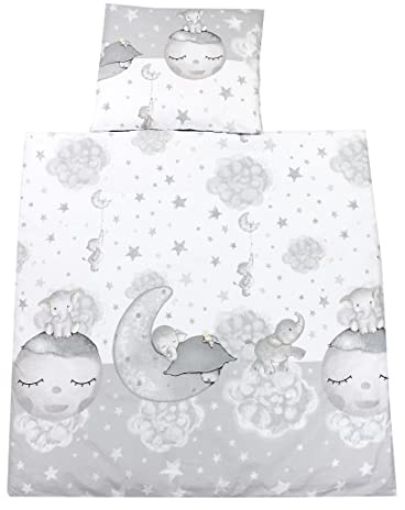 TupTam Biancheria da Letto per Carrozzina e Culla da 4 pezzi, Luna con elefante/Grigio, 80x80 cm