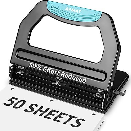 AFMAT 3 Hole Punch Heavy Duty, 9/32 Holes, 50-Sheet Hole Puncher 3 Ring, 50% Reduced Effort, Adjustable Two & Three Hole Punch, Metal Paper Puncher w/Large Chip Tray, Metal Paper Guide, Black, HP18
