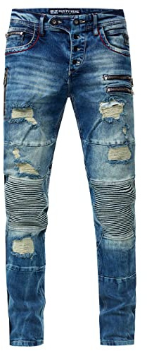 Rusty Neal Bikerjeans för män Misato DIE-Absolute-jeans slim fit stretch destroyed biker dragkedja design med snygg knappslå och kontrastsöm 241, Vintage begagnad, 34W / 32L