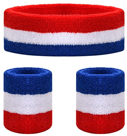3 Pièces Bandes de Transpiration Set, Ensemble de Bandeau, Sports Bandeau Poignet, Humidité Mèche Sweat Head Band, Bandeaux Anti-Transpiration pour Entraînement de Gym et Yoga (Rouge Blanc Bleu)