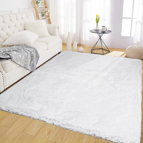 Latepis White Fur Area Rug 150 * 210cm Washable Shag Fluffy Faux Rabbit Rug for Living Room Bedroom Playroom Plush Throw Carpet Luxury Home Decor