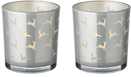 EDZARD 2er-Set Teelichtglas Hiti (Höhe 8 cm, Ø 7 cm), Motiv Rentiere, außen grau, innen Gold - Windlicht, Kerzenglas