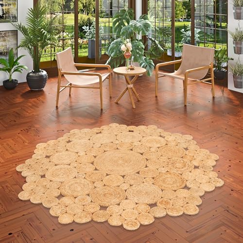 Pergamon Natur Teppich Handgefertigt Jute Rund Wohnzimmer Boho mit Bordüre oder Ethno Style