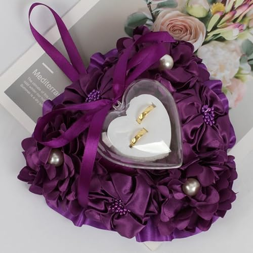SYSUII Ringkissen Hochzeit,Romantische herzförmig Ringhalter Rosen Eheringkissen mit Satinband Hochzeit Herz Ring Kissen Box Paar Ring Halter Hochzeit Accessoires Für Valentinstag Eheringe Ringe-Lila
