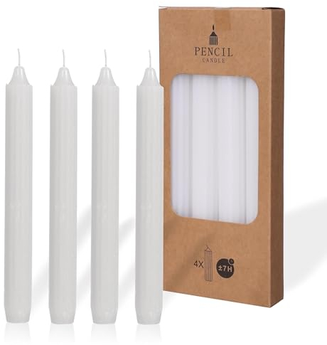 COMFORDER Juego de 4 velas de mesa monocromáticas + acanaladas, 20 cm, 7 horas de combustión (blanco)