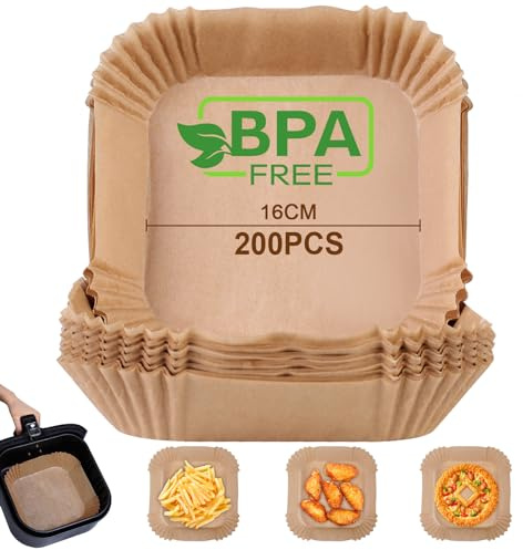 AiQInu Bakplåtspapper för varmluftsfritös, 200 stycken 16 cm BPA-fritt luftfryer bakpapper fyrkantigt vattentätt oljebeständigt pergamentpapper liner luftfryer tillbehör, för varmluftsfritös ugn