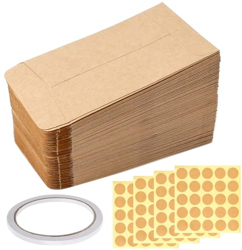 Dadabig 300 Stück Papiertüten Klein, 6 * 10cm Samentütchen + 100 Stück Aufkleber + 1 Roll Doppelseitig klebend Mini Braun Samentüten Flachbeutel Kraftpapier Tüten für Weihnachten Süßigkeiten Hochzeit