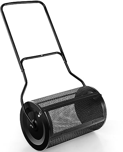 GOPLUS Esparcidor de Compost de 80 L, con Cierres Laterales y Mango en Forma de U, Esparcidor de Turba con Malla de Metal, Esparcidor de Jardín para Musgo de Turba, Fertilizante, Semillas (Negro)