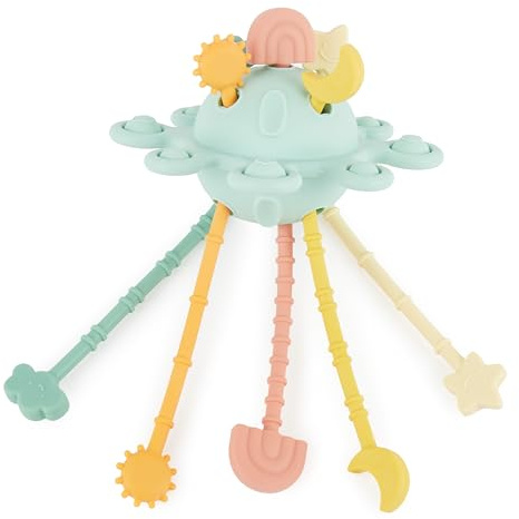 Bieco Silikon Activity Planet Eucalyptus | Montessori Spielzeug für Baby ab 1 Jahr | UFO Motorikspielzeug mit Zugschnur und Sensorikfunktionen