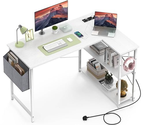 Yornoli L Shaped Computer Desk with Power Outlet, 118CM Corner Office Desk for Small Spaces with Storage Shelves, Study Work Writing Table for Home Office Bedroom, Snow White