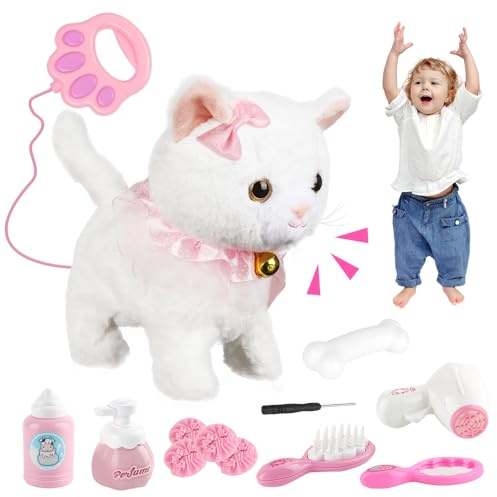Dhqkqg Jouet électronique en Peluche, Animal Chat électronique, Peluche Interactive, pour Chat avec Laisse Télécommandée, Marche, Aboiements, Remuant La Queue,Cadeaux De Jouets pour Filles De 3-8 Ans